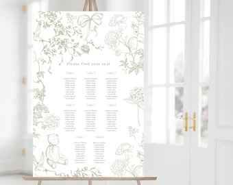 Plano de asientos para baby shower con diseño de flores de Toile de Jouy en color salvia/Plantilla imprimible con flores azules, oso y lazo