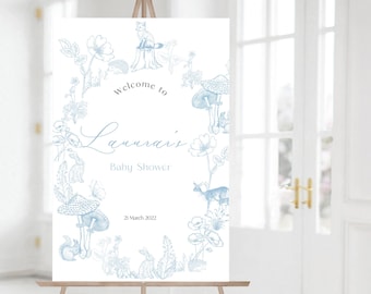 Letrero de bienvenida de tela azul bosque / Plantilla editable de 61 x 91 cm / Para baby shower o primer cumpleaños / Animales del bosque vintage / Imprimible