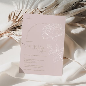 Single Rose Girl Christening Baptism Invitation | Dusty Pink Floral Christening Invitation | Printable Template