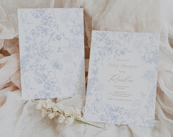 Toile de Jouy Flower Garden Baby Shower Invitation | Bear, Birds and Bows Baby Shower Invitation | Vintage Pattern | Printable  Template