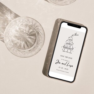 Digitale geanimeerde Save the Date-uitnodiging met champagnetoren | Elegante virtuele huwelijksaankondiging | Digitale Save the Date