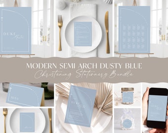 Diseño moderno de semi arco Dusty Blue Boys Paquete de papelería de bautizo / Invitación de bautismo y papelería a juego / Plantillas imprimibles