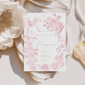 Pink Cherub Flower Garden Baby Shower Invitation | Vintage Design | Pink Baby Shower