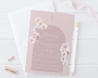 Pretty floral Arch Girls Baptism Invitation |Floral Invitation | Baptism Invitation| Christening Invitations