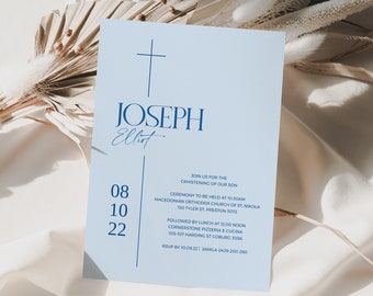 Modern Blue Boys Christening Invitation | Baptism Invitations | Printable Template