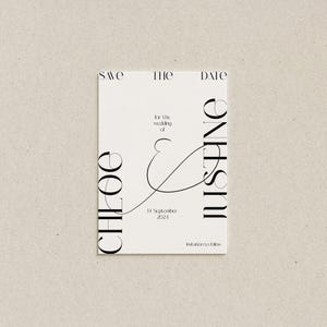 May include: Save the date card with a black and white design. The card features the names "Chloe" and "Onesni" with a decorative line connecting them. The date "14 September 2021" is printed below the names.