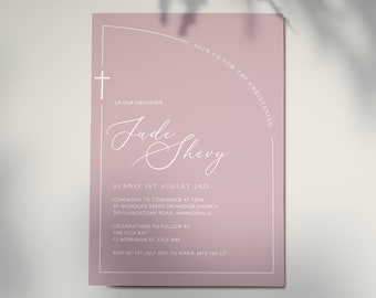 Semi-arch Dusty Rose Pink Christening Invitation | Girls Invitation | Baptism Invitation | Modern Invitation