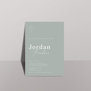 May include: A light blue invitation card with a white cross at the top. The text reads "Please join us for the christening of our son Jordan Fercloni. Sunday 21 March 2021. Ceremony to commence at 1:00 pm. St. Nicholas Greek Orthodox Church, 201 Livingstone Road, Marrickville. Celebrations to follow at The Kyle Bay, 12 Merriman St, Kyle Bay. RSVP by 1st July 2021 to Miranda 0412 411 145."