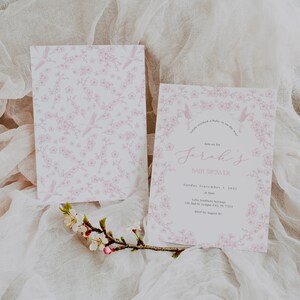 Toile de jouy Kirschblüten Baby Shower Einladung | Bearbeitbare Vorlage