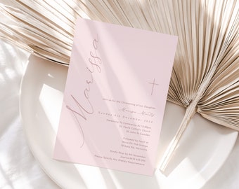 Dusty Rose on Blush Christening Invitation | Girls modern Christening Baptism invitation