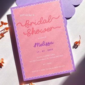 Fun and colourful bridal shower invitation | Lilac and peach pinks