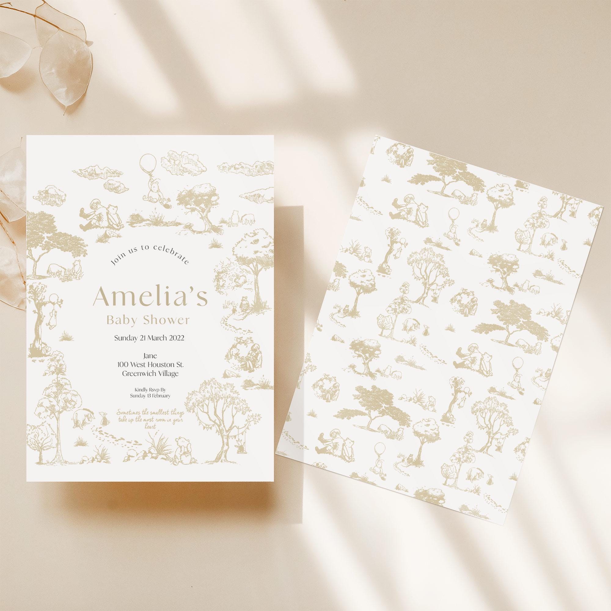 Toile Beige Classic Pooh Bear Baby Shower Invitation| Baby Shower Invitations| Unique Invitation | Printable Invitations