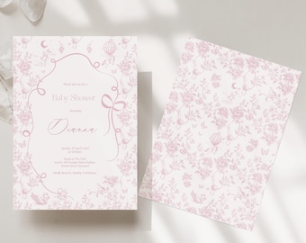 Invitación editable para baby shower con diseño de tela / Marco floral vintage rosa con lazo / Plantilla para baby shower de niña / Descarga instantánea