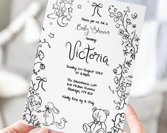 Plantilla de invitación para baby shower en blanco y negro / Invitación editable con diseño de doodle / Descarga instantánea