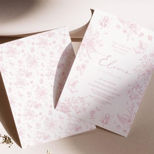 Encantador Toile de Jouy Convite de Fadas e Jardim de Flores | Chá de Bebê Rosa ou Modelo de Aniversário de Menina para Imprimir