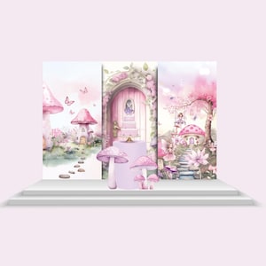 May include: A whimsical display featuring three watercolor panels depicting a fairy garden scene. The panels showcase pink mushroom houses, a fairy door, and a fairy on a swing. Purple mushrooms are in the foreground, adding depth to the enchanting artwork.