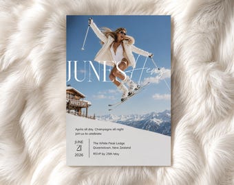 Plantilla de invitación para despedida de soltera après-ski / Invitación editable para despedida de soltera de invierno / Despedida de soltera de lujo en la nieve con pieles blancas