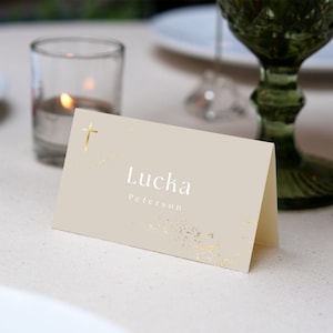 Beige and gold christening baptism place cards | Editable printable template