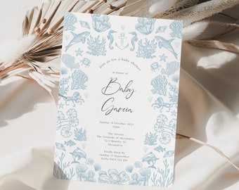 Invitación Baby Shower Toile de Jouy Bajo el Mar/ Animales Marinos / Patrón Vintage baby Shower / Plantilla editable