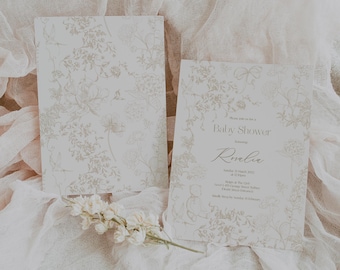 Toile de Jouy Neutral Beige Garden Baby Shower Invitation | Bear, Birds and Bows Baby Shower Invitation | Vintage Pattern | Printable