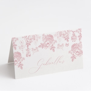 Cartões de lugar do rosa do brinquedo de Toile de jouy de <br> Entrega Rápida? Chá de bebê | Padrão vintage | Modelo editável