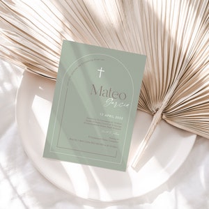 Modern Sage Arch Christening Invitation | Modern Boys Baptism Invitation