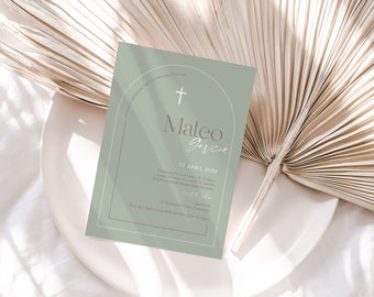 May include: A green and white invitation card with a cross and the text "Mateo Garcia" and "17 April 2022". The invitation is for a ceremony for Communion at St. George Greek Orthodox Church.