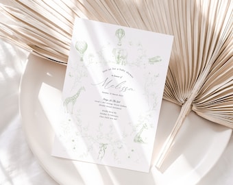 Toile De Jouy Safari Sage Baby Shower Invitation| Baby Shower Invitations| Printable Invitations