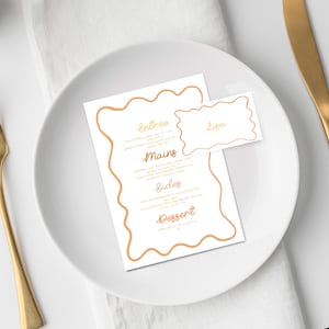 Menú editable con diseño de ondas amarillas y naranjas coloridas con tarjetas de lugar a juego / Menú de despedida de soltera y tarjeta de lugar / Descarga instantánea