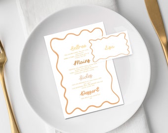 Buntes gelbes und oranges Wellendesign editierbares Menü mit passenden Tischkarten | Brautparty Menü und Tischkarte | Sofortiger Download