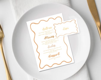 Colourful yellow and orange wave design editable menu with matching placecards | Bridal Shower Menu and Place card | Instant download