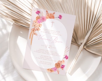 Floral oval peach an pinks girls Baptism Invitation | Christening Invitations