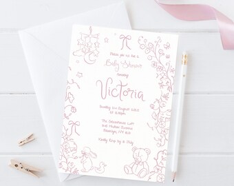 Plantilla de invitación para baby shower rosa / Invitación editable con doodle / Descarga instantánea