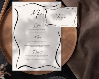 Swash Border Black and White Wedding Menu and Place card| Menu with Namecard | Printable Template