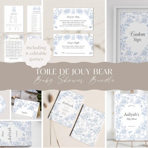 Baby Shower Toile de Jouy papelería floral y osito / Rifa de pañales / Bebidas / Libro para bebé / Cartel de bienvenida / Descarga instantánea y editable