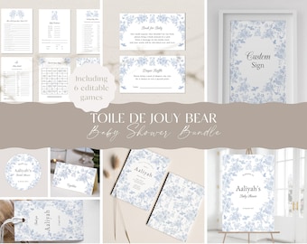 Baby Shower Toile de Jouy papelería floral y osito / Rifa de pañales / Bebidas / Libro para bebé / Cartel de bienvenida / Descarga instantánea y editable