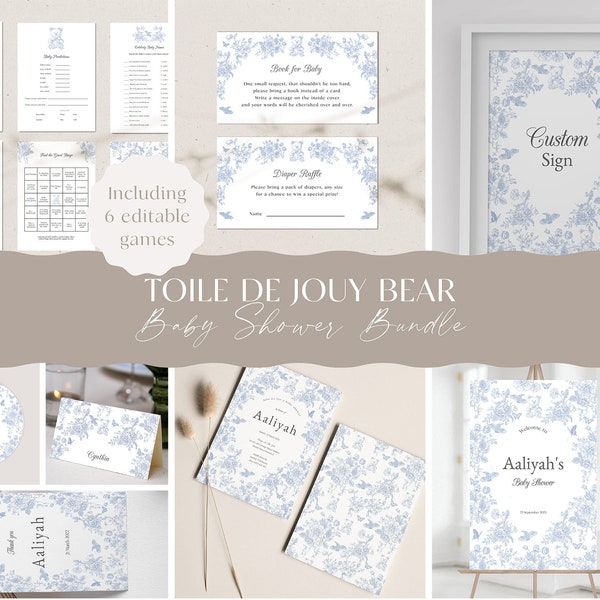 Babyshower Toile de Jouy bloemen en beer briefpapier | Luierloterij | Drankjes | Boek voor baby | Welkomstbord| Bewerkbaar en direct downloaden