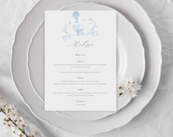 Menu Safari | Baptême ou Baby Shower Menu Design Toile de Jouy | Personnalisé et imprimable