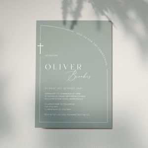 Semi-arch Sage Modern Christening Invitation | Boys Invitation | Baptism Invitation | Baptizm Invites