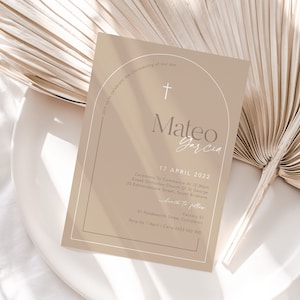 Modern Biscotti Arch Christening Invitation | Modern Boys Baptism Invitation