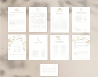 Pooh Bear Beige Baby shower game pack | Set of 8 games plus bonus Advice to new parents
