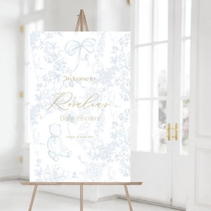 Toile de Jouy Flower Garden Baby Shower Placa de boas-vindas | Floral azul, urso e fundo de laço | Modelo para impressão
