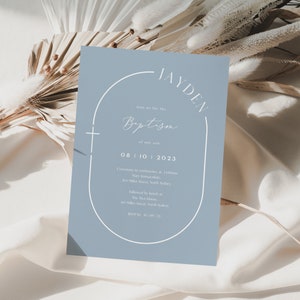May include: A light blue baptism invitation with white text. The invitation reads "Join us for the Baptism of our son Jayden 08 10 2023". The invitation includes the ceremony and reception details.