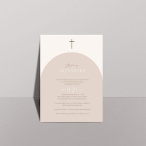 May include: A beige and white baptism invitation with a cross at the top and a semi-circle shape with the text "Baptism Alexander" in brown script. The invitation includes the date "May 12, 2020", the time "11am", the location "Greek Orthodox Church of St. George", and the address "33 Edmondstone St, South Brisbane".
