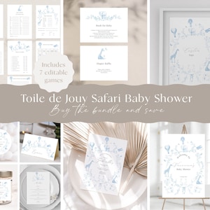 Baby Shower Toile de Jouy Papelería Baby Shower Safari / Rifa de pañales / Bebidas / Libro para bebé / Cartel de bienvenida / Descarga instantánea y editable