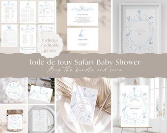 Baby Shower Toile de Jouy Papelería Baby Shower Safari / Rifa de pañales / Bebidas / Libro para bebé / Cartel de bienvenida / Descarga instantánea y editable
