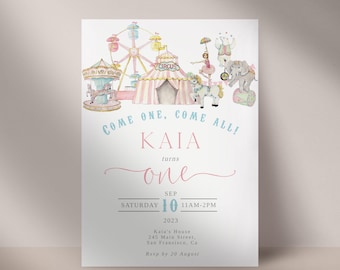 Girls Carnival Birthday Invitation | Circus Invitation | First Birthday Invitation | Printable Template