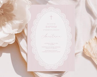 Plantilla de invitación de bautizo con encaje de rayas rosas / Plantilla digital