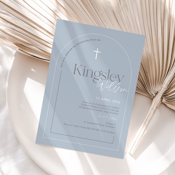 Modern Grey Blue Arch Christening Invitation | Modern Boys Baptism Invitation