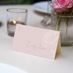 Single Rose Mädchen Taufe Taufe Tischkarte | Bearbeitbare druckbare Vorlage